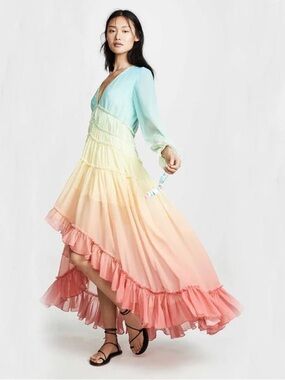 Pastel Ombre High-Low Ruffle Maxi Dress - Aqua to Coral